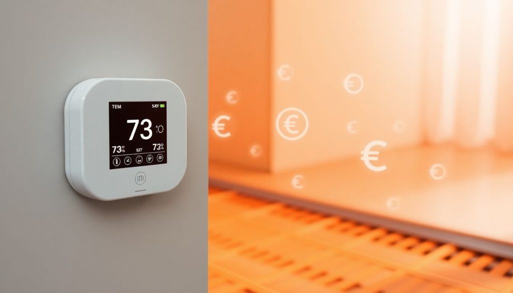 Smart Thermostat für Fußbodenheizung mit digitaler Anzeige, der Energieeinsparungen und Temperaturregelung zeigt, umgeben von Symbolen für Kosteneffizienz.