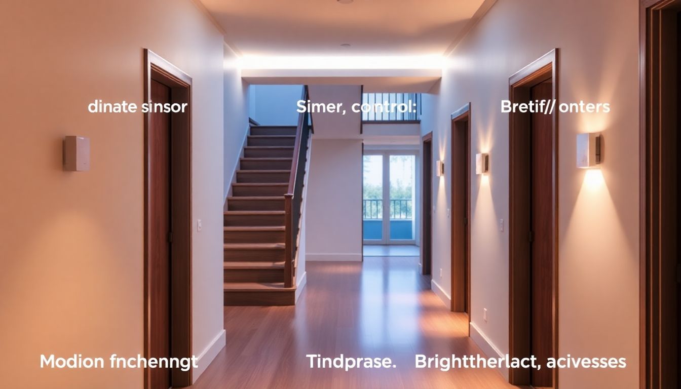 Moderner Flur und Treppenhaus mit intelligenter Beleuchtung, die drei Steuerungsmethoden zeigt: Bewegungsmelder, Zeitsteuerung und Helligkeitssensor.