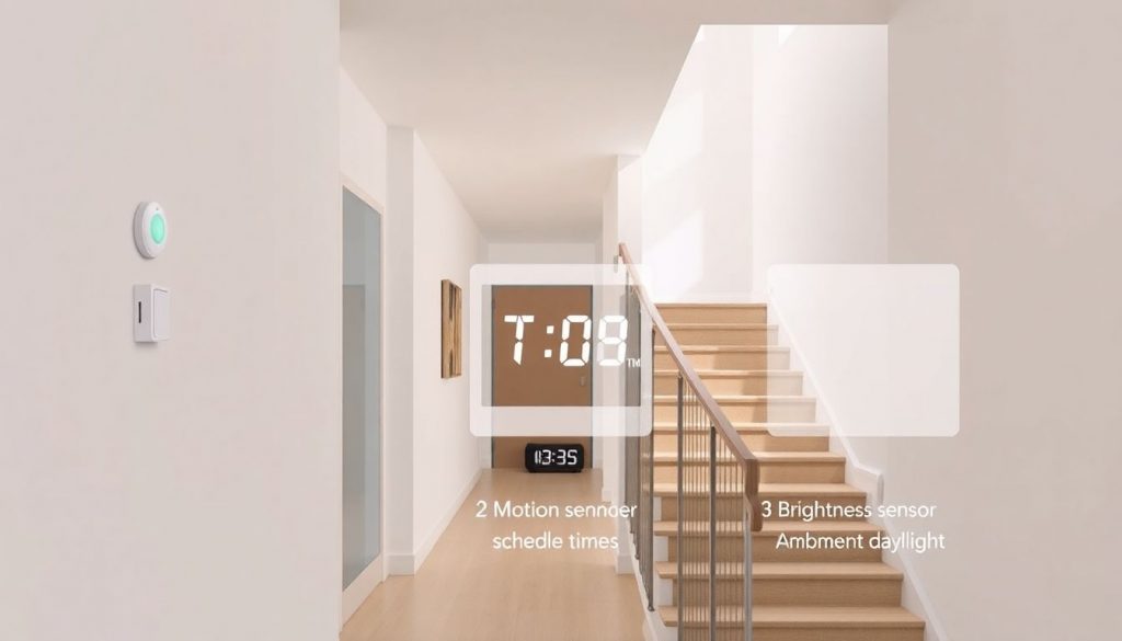 Header-Bild zum Thema Smarte Beleuchtung für Flur und Treppenhaus: Drei Steuerungsmethoden - Bewegungsmelder, Zeitsteuerung und Helligkeitssensor im Vergleich