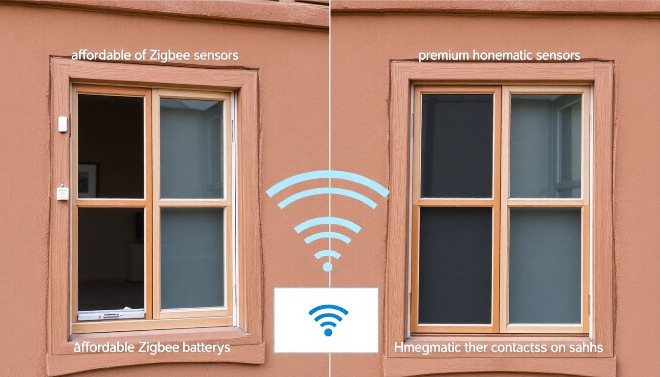 Vergleich von Zigbee- und Homematic-Fensterkontakten an Altbau-Fenstern: Links günstige Zigbee-Sensoren mit sichtbaren Batterien, rechts teurere Homematic-Sensoren mit schlankem Design. Beide zeigen Magnetkomponenten am Rahmen und Kontakte am Flügel.