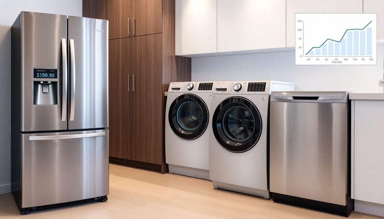 Moderne Küche mit drei smarten Haushaltsgeräten: Kühlschrank, Waschmaschine und Geschirrspüler, die in einem sauberen, zeitgenössischen Zuhause platziert sind. Ein Diagramm im Hintergrund deutet auf die Analyse der Kapitalrendite (ROI) hin.