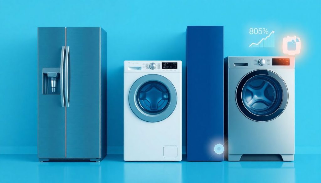 Header-Bild: Moderne, energieeffiziente Haushaltsgeräte – Kühlschrank, Waschmaschine und Geschirrspüler im Vergleich. Visualisierung von Energieeffizienz und Return on Investment.