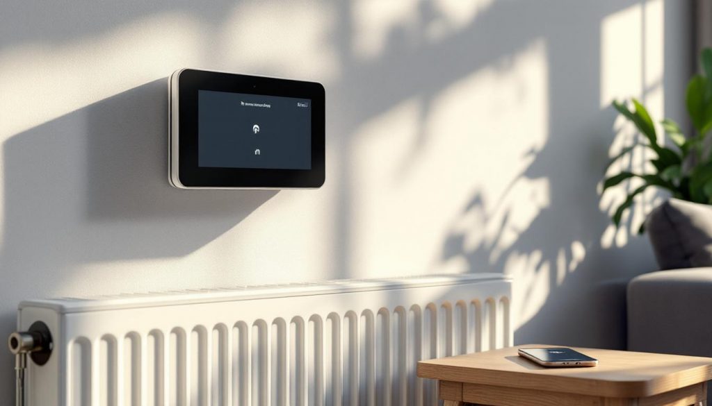 A smart thermostat mounted on a radiator in a German living room, displaying an error, with a smartphone showing a disconnected app nearby.