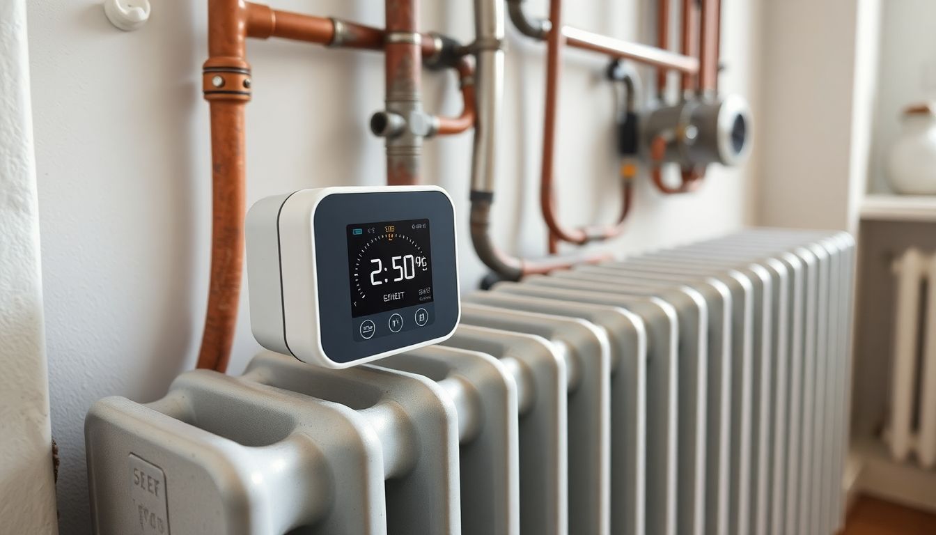 Ein modernes smartes Heizkörperthermostat an einem alten Heizkörper in einem Altbau montiert, mit sichtbarer digitaler Temperaturanzeige und Nachtspeicherheizung im Hintergrund.
