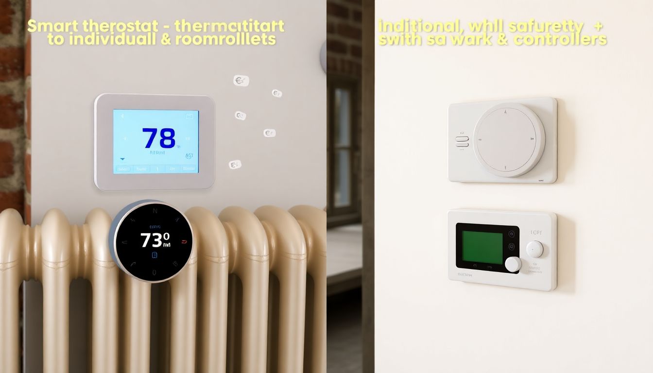 Vergleichsbild: Smarte Heizkörperthermostate und Einzelraumregler in einem 80m² Altbau mit Visualisierung von Energieeffizienz und Kosteneinsparungen