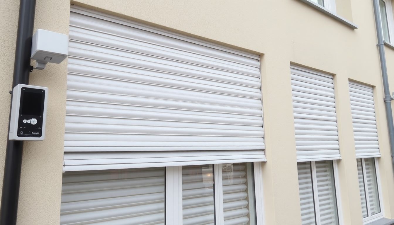 Smarte Rollladensteuerung an einem Reihenhaus mit 8 Fenstern, die eine moderne und effiziente Hausautomatisierung zeigt.