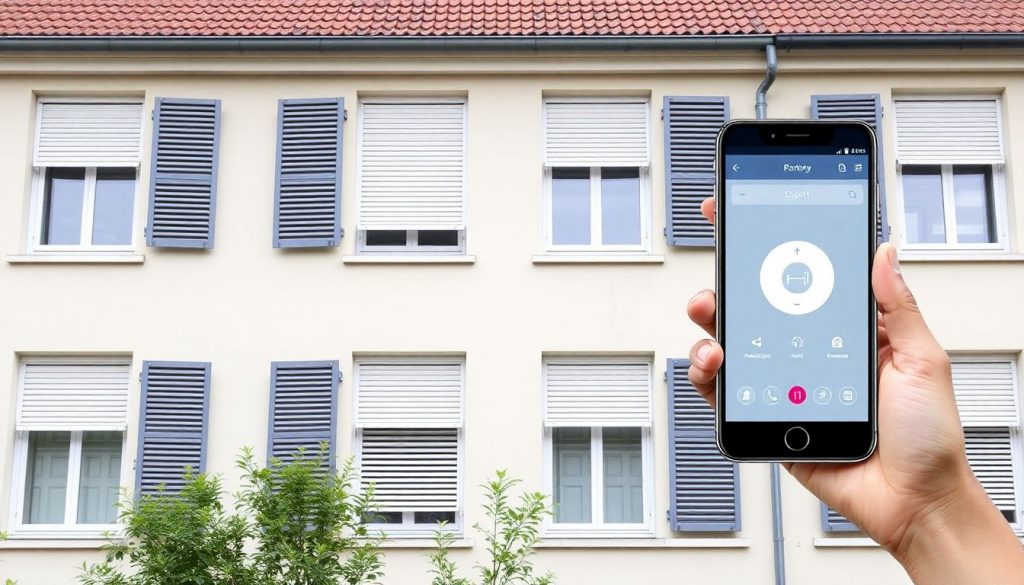 Header-Bild für Artikel: Smarte Rollladensteuerung nachrüsten. Ein Reihenhaus mit acht Fenstern, teilweise mit Rollläden, und eine Überlagerung einer Smart-Home-App auf einem Tablet.