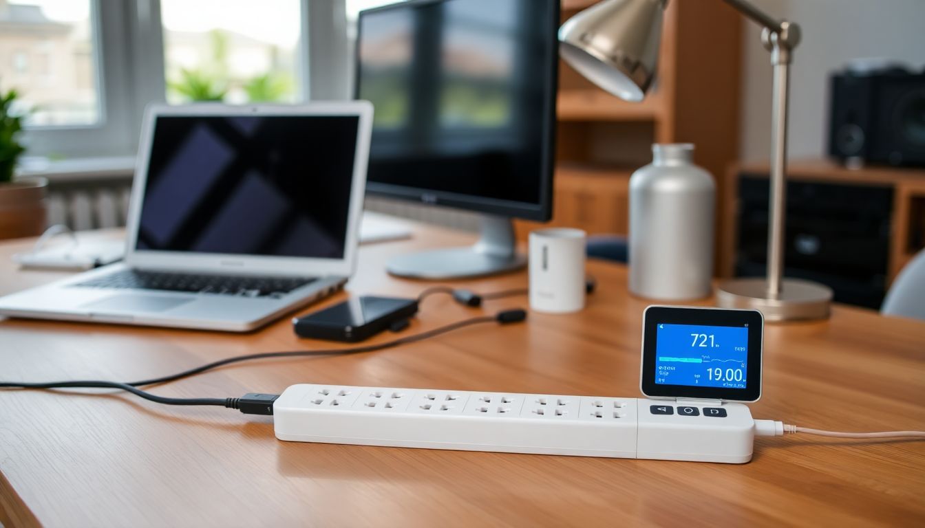 Smarte Steckdosenleiste mit Verbrauchsmessung im Einsatz in einem modernen Home-Office. Die Leiste zeigt den Stromverbrauch auf einem Display an und hat mehrere Geräte wie Laptop und Lampe angeschlossen.