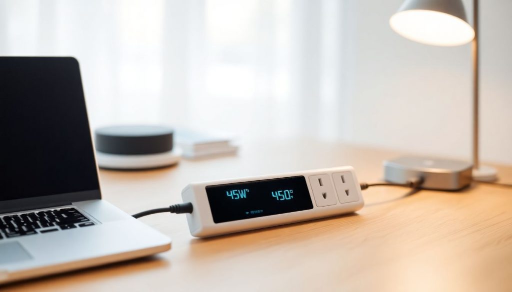 Eine moderne, schlanke Smarte Steckdosenleiste mit Verbrauchsmessung, platziert auf einem sauberen Schreibtisch neben einem Laptop und einer Schreibtischlampe. Das Display zeigt den aktuellen Stromverbrauch an.