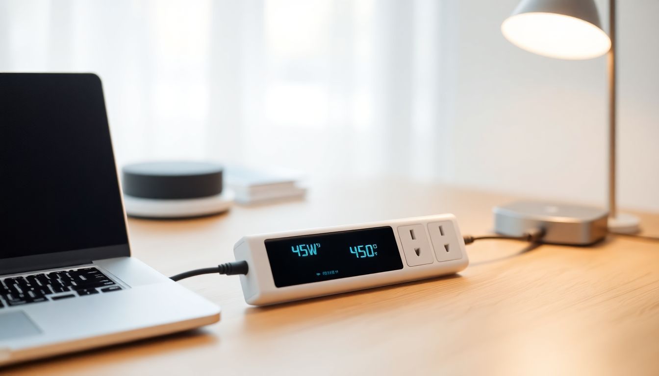 Eine moderne, schlanke Smarte Steckdosenleiste mit Verbrauchsmessung, platziert auf einem sauberen Schreibtisch neben einem Laptop und einer Schreibtischlampe. Das Display zeigt den aktuellen Stromverbrauch an.