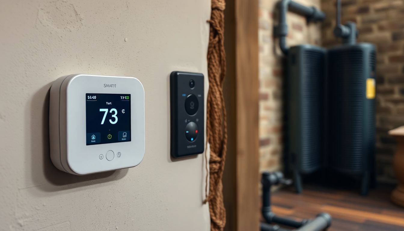 Ein modernes, smartes Thermostat an einer alten Wand in einem Altbau. Im Hintergrund ist ein klassischer Nachtspeicherofen zu sehen, der den Kontrast zwischen alter und neuer Heiztechnologie verdeutlicht.