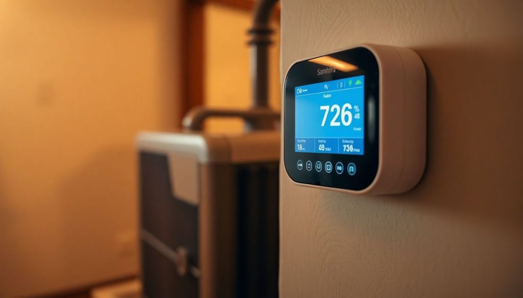 Smartes Thermostat an der Wand eines Altbaus mit einem Nachtspeicherofen im Hintergrund, das moderne Heizungssteuerung und Energieeffizienz symbolisiert.