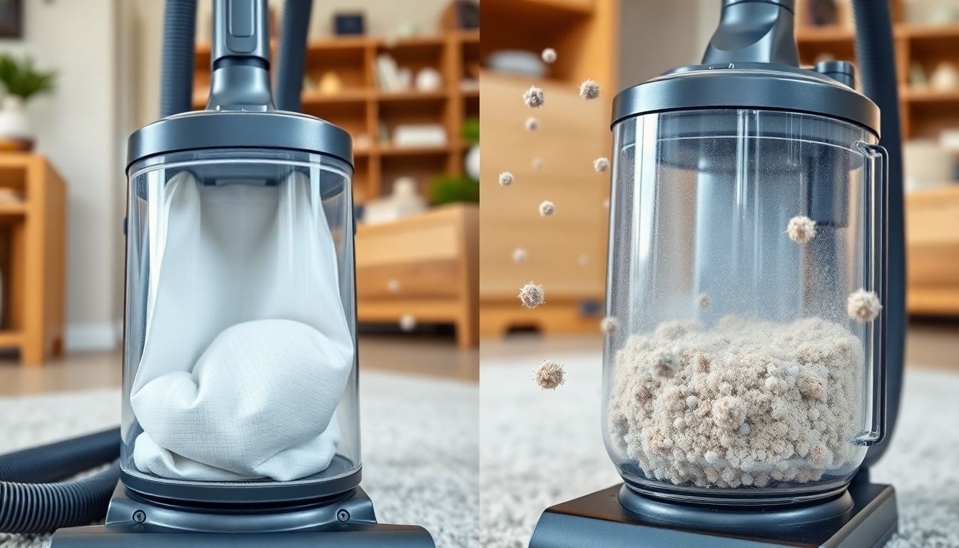 Vergleichsgrafik: Staubsauger mit Beutel (links) und beutelloser Staubsauger (rechts) in einem Haushalt mit sichtbaren Allergenen wie Staub und Pollen. Die Grafik veranschaulicht die unterschiedlichen Wartungs- und Kostenaspekte für Allergiker.