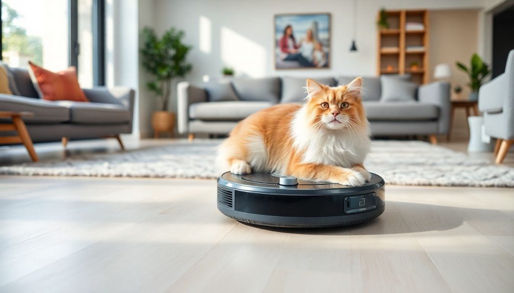 Ein Staubsaugerroboter saugt Tierhaare von einem Teppich in einem modernen Wohnzimmer, während eine Katze daneben sitzt.