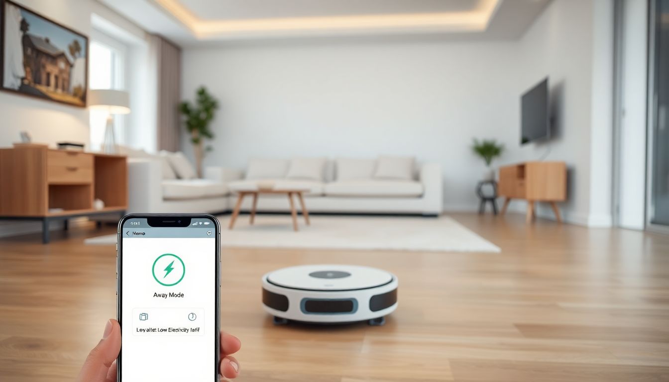 Ein Staubsaugerroboter in einem modernen Wohnzimmer, der über eine Smart-Home-App gesteuert wird und nur bei Abwesenheit der Bewohner und bei günstigem Stromtarif saugt.