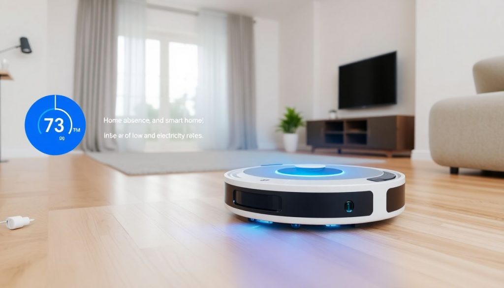 Ein Staubsaugerroboter in einem modernen Wohnzimmer, der mit Smart-Home-Geräten vernetzt ist und automatisch saugt.