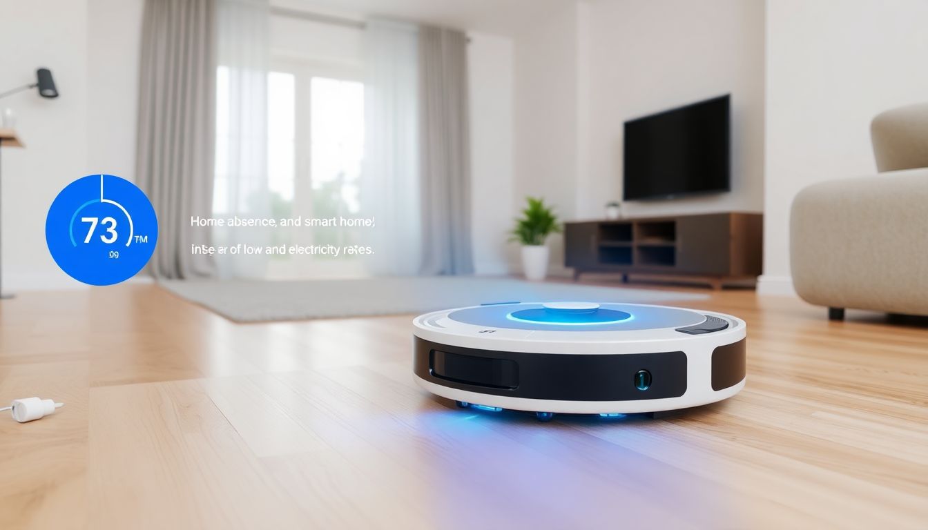 Ein Staubsaugerroboter in einem modernen Wohnzimmer, der mit Smart-Home-Geräten vernetzt ist und automatisch saugt.
