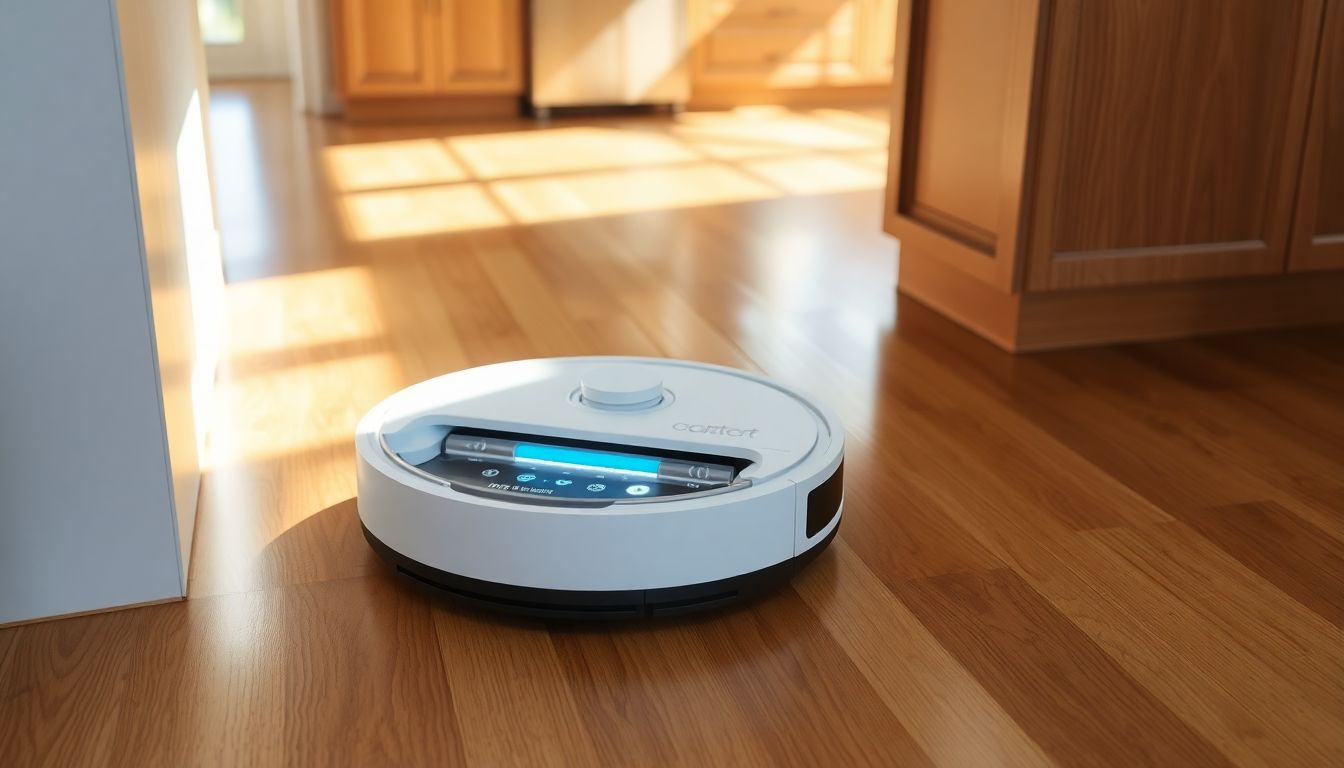 Ein moderner Staubsaugerroboter mit Wischfunktion auf einem Holzboden in einer hellen Wohnküche.