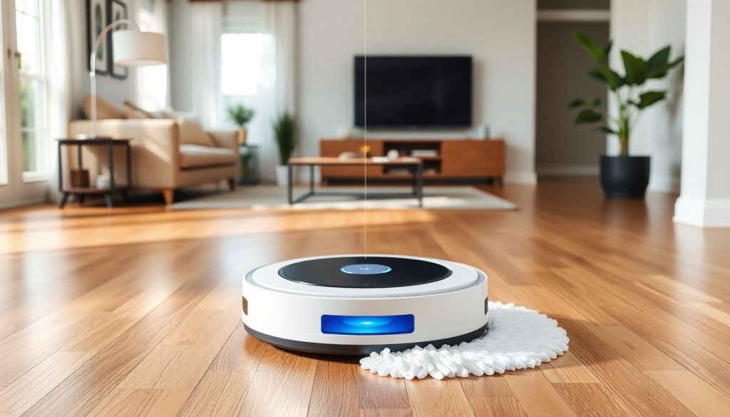 Ein Staubsaugerroboter mit Wischfunktion reinigt einen Holzboden in einem modernen Wohnzimmer