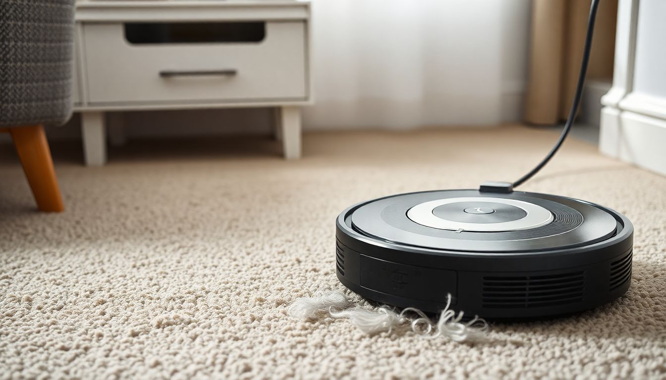 Staubsaugerroboter auf einem Teppich mit Tierhaaren, Preis unter 300 Euro