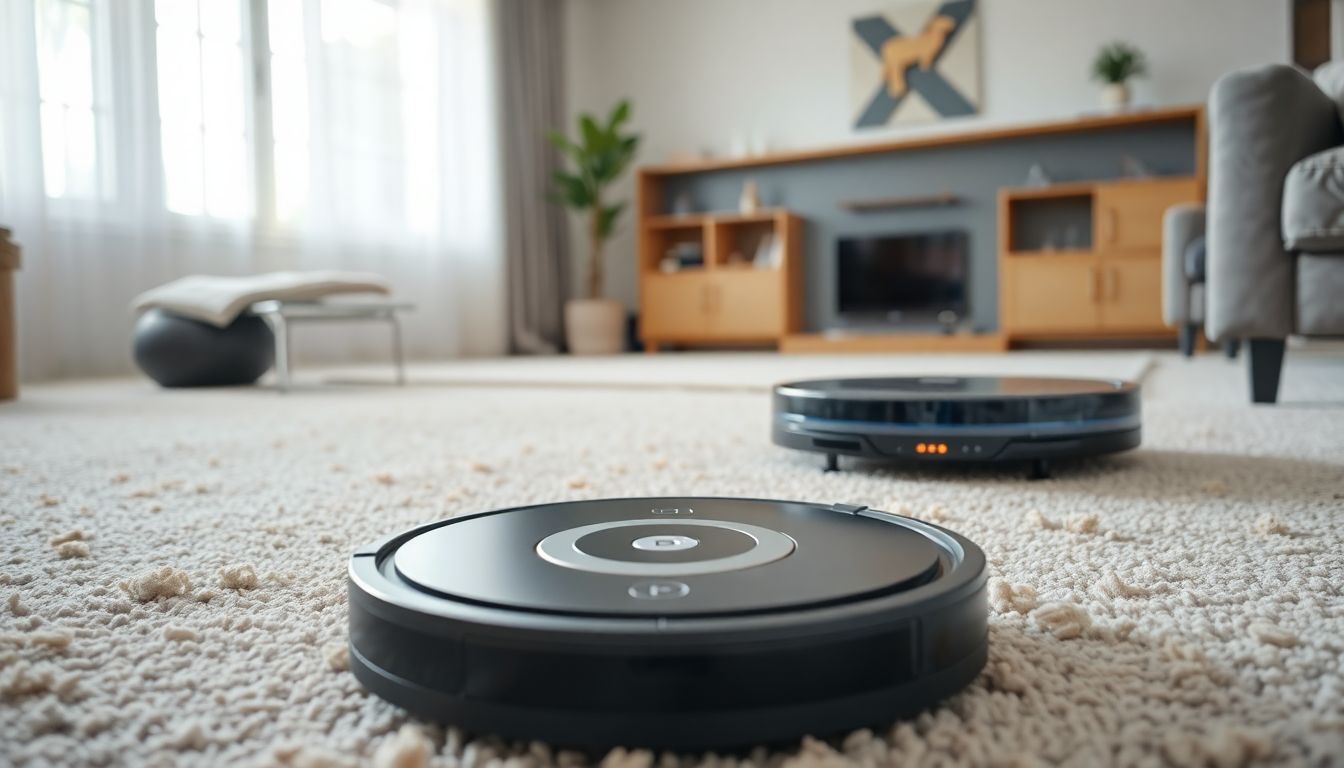 Ein Staubsaugerroboter auf einem Teppich mit Tierhaaren, in einem modernen Wohnzimmer