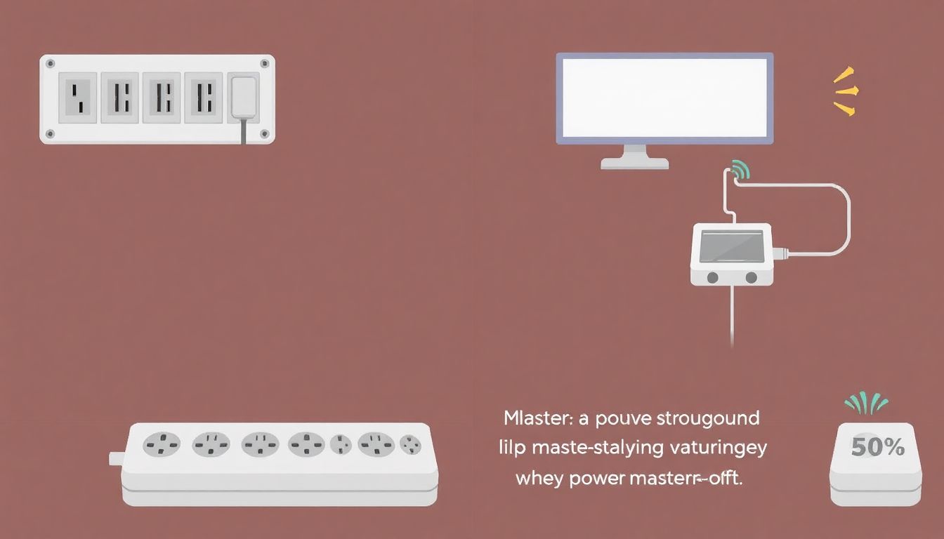 Vergleich Steckdosenleiste mit Einzelschalter und Master-Slave-Steckdosenleiste zur Stromkostenersparnis. Links: Herkömmliche Leiste, alle Geräte sind gemeinsam ein- und ausschaltbar. Rechts: Master-Slave-Leiste, bei der ein Hauptgerät (Master) die Stromzufuhr zu Zusatzgeräten (Slaves) automatisch steuert.