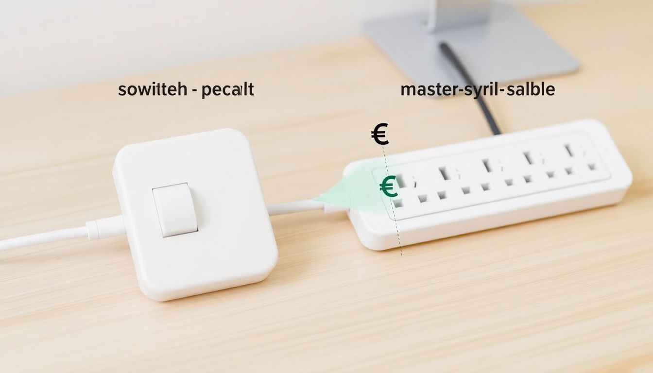Vergleich einer Steckdosenleiste mit Schalter und einer Master-Slave-Steckdosenleiste auf einem Schreibtisch, zur Veranschaulichung von Stromkostenersparnis.