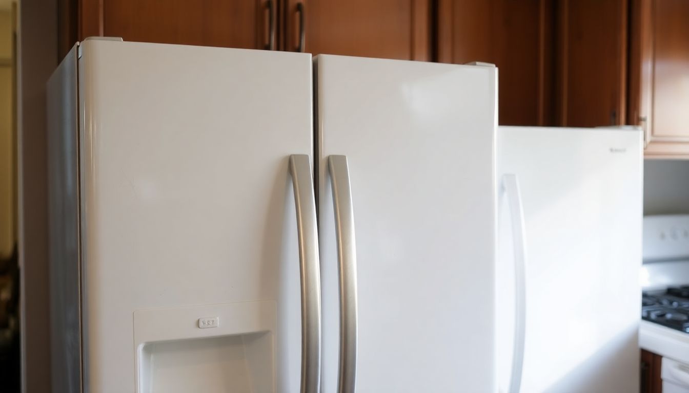 Eine 15 Jahre alte Kühl-Gefrierkombination in einer Küche, die den Vergleich zwischen Neukauf und Reparatur eines alten Geräts veranschaulicht.