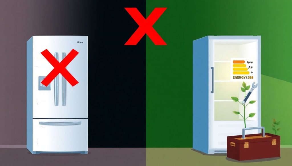 Grafische Darstellung: Eine alte Kühl-Gefrierkombi mit einem roten X, im Vergleich zu einem neuen effizienten Gerät. Die Entscheidung zwischen Reparatur und Neukauf wird visualisiert.