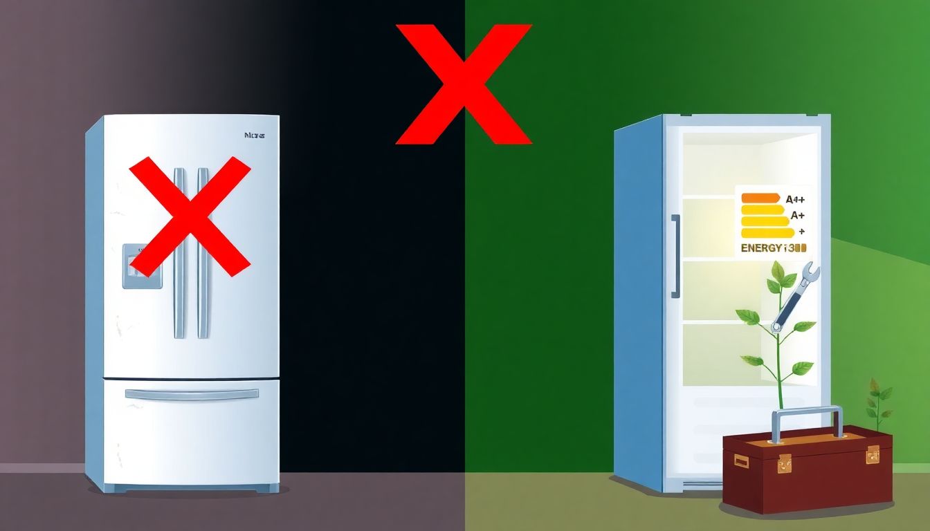 Grafische Darstellung: Eine alte Kühl-Gefrierkombi mit einem roten X, im Vergleich zu einem neuen effizienten Gerät. Die Entscheidung zwischen Reparatur und Neukauf wird visualisiert.