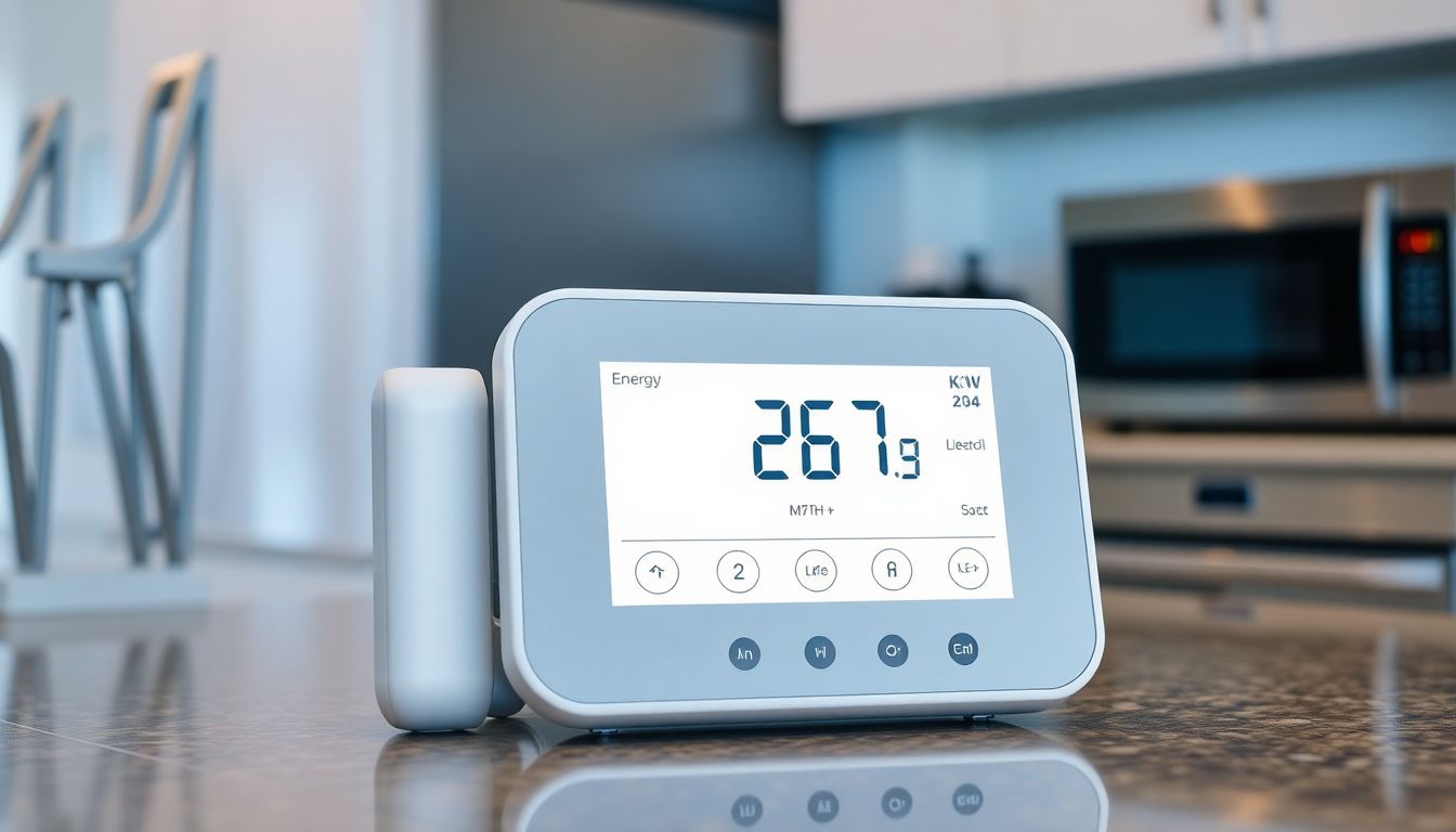 Ein modernes Energiemessgerät mit digitaler Anzeige, das den Stromverbrauch in Kilowattstunden anzeigt, platziert auf einer Küchenarbeitsplatte mit Haushaltsgeräten wie Kühlschrank und Mikrowelle im Hintergrund