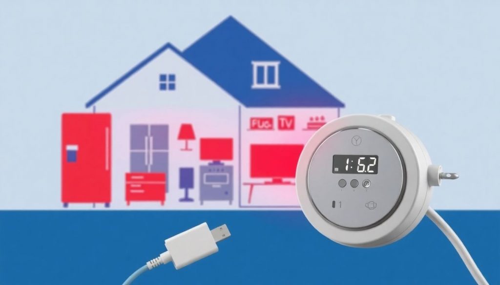 Header-Bild für den Artikel 'Stromfresser im Haushalt finden: Messgerät-Vergleich und Anleitung'. Es zeigt ein stilisiertes Haus mit hervorgehobenen Geräten und ein Energiemessgerät im Vordergrund.