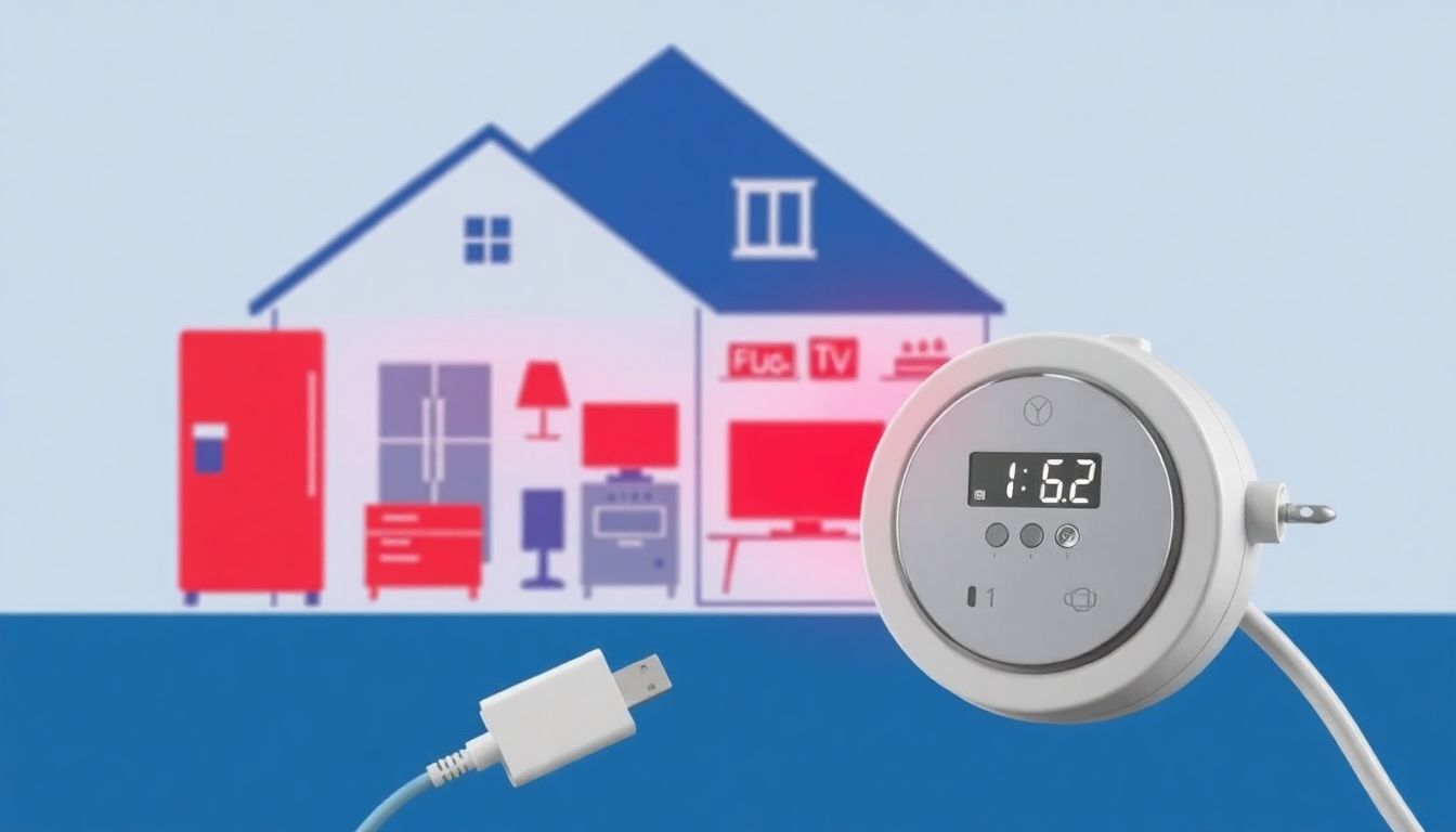 Header-Bild für den Artikel 'Stromfresser im Haushalt finden: Messgerät-Vergleich und Anleitung'. Es zeigt ein stilisiertes Haus mit hervorgehobenen Geräten und ein Energiemessgerät im Vordergrund.