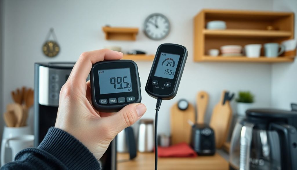 Eine Hand bedient ein Strommessgerät, das zwischen Steckdose und Kaffeemaschine geschaltet ist, um den Verbrauch zu messen.