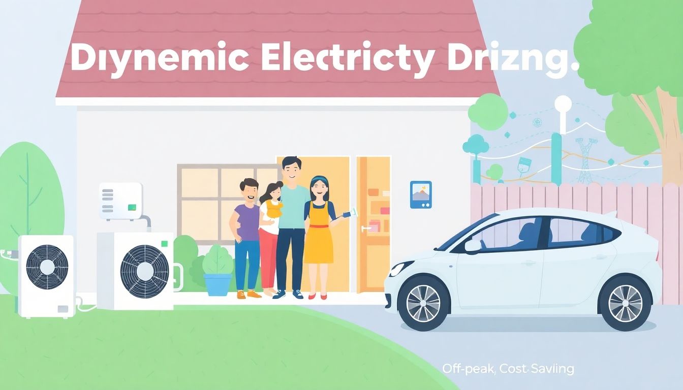 Infografik zum Stromtarif mit dynamischen Preisen: Einfamilienhaus mit Wärmepumpe, Elektroauto und Smart-Home-Geräten. Grafische Elemente zeigen schwankende Strompreise und Einsparungspotenzial.