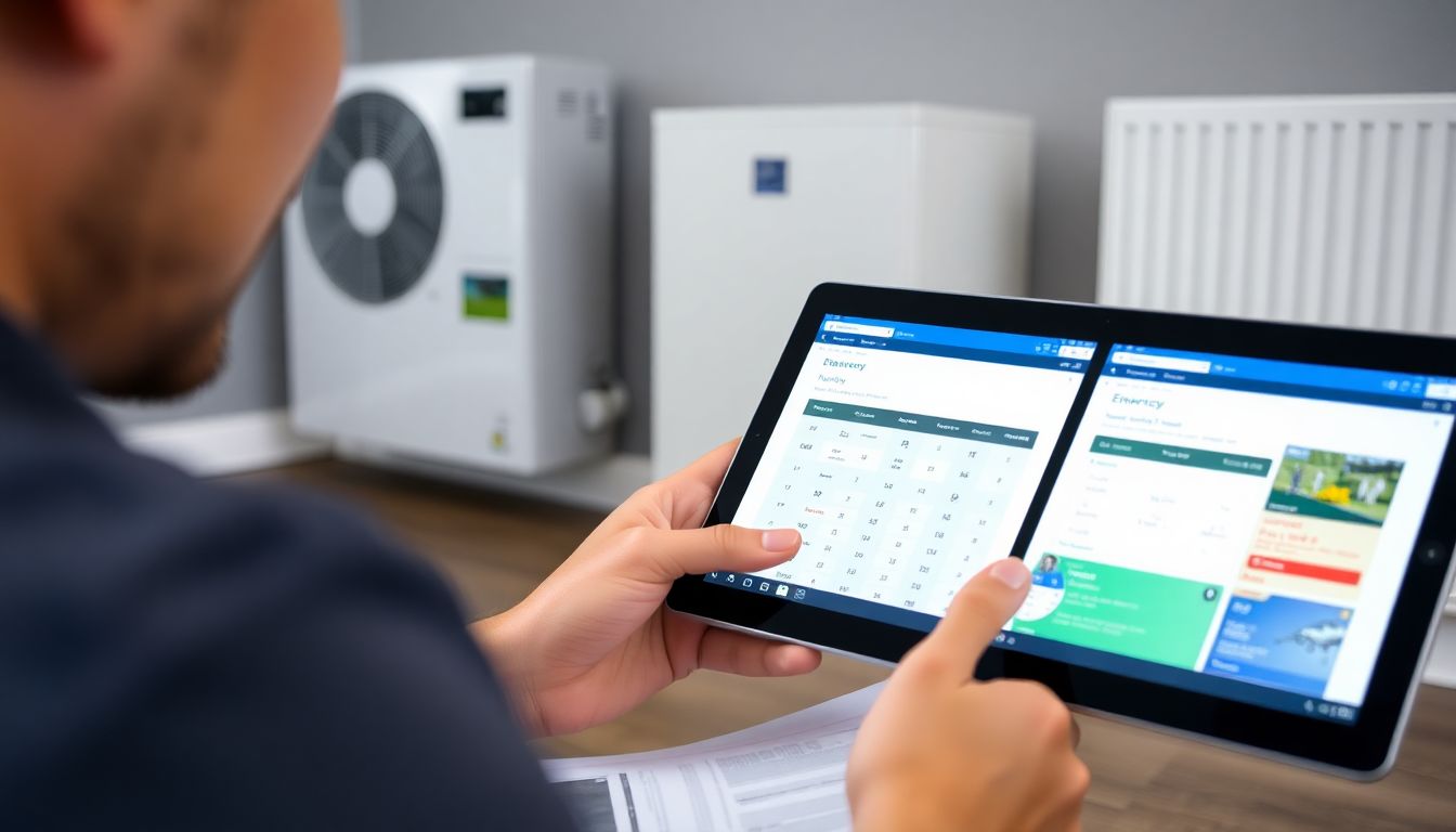 Eine Person vergleicht Stromtarife auf einem Tablet, während im Hintergrund eine Wärmepumpe in einem modernen Haus zu sehen ist.