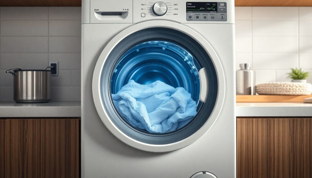 Moderne Waschmaschine mit geöffneter Tür und sauberer Wäsche - Stromverbrauch optimieren