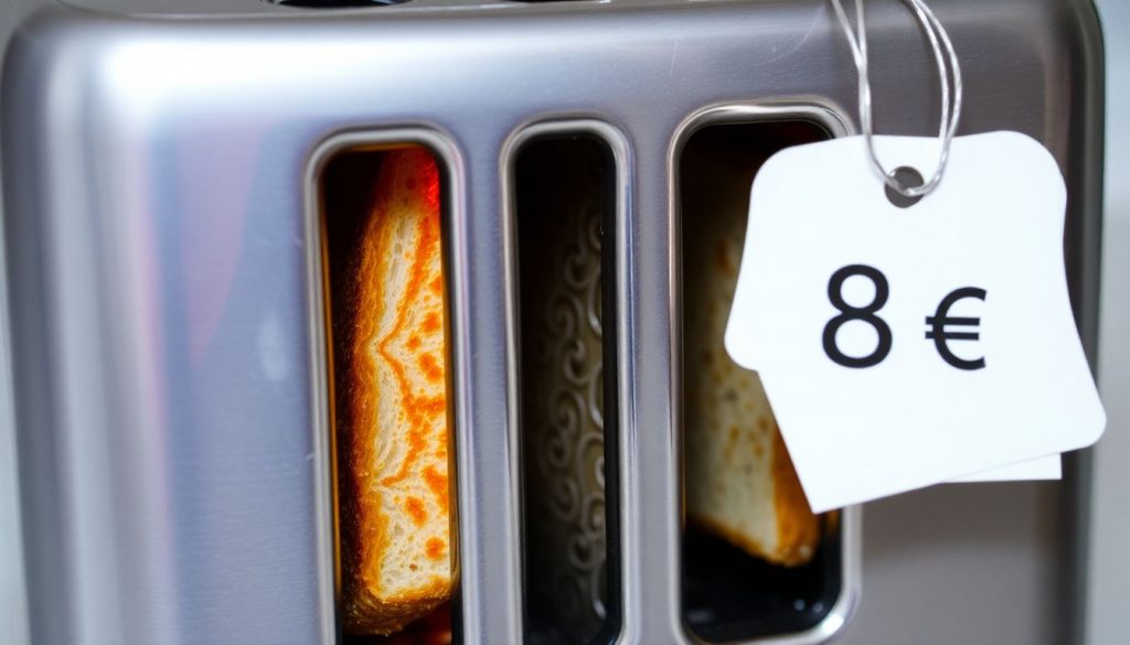 Nahaufnahme eines Toasters mit ungleichmäßig gerösteten Brotscheiben, eine defekte Heizspirale ist hervorgehoben, daneben schwebt ein Preisschild mit 8€.
