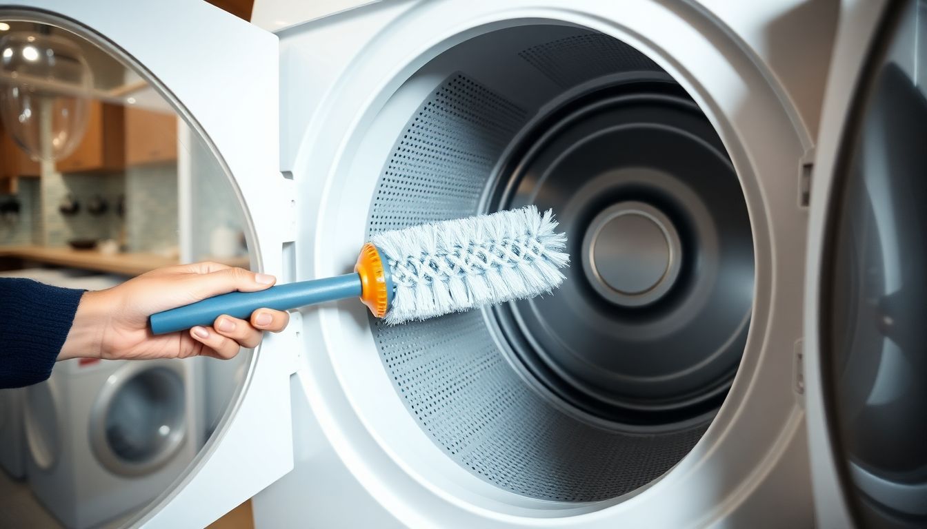 Person reinigt den Wärmetauscher eines Kondensationstrockners mit einer Reinigungsbürste, Innenansicht mit sichtbaren Flusenablagerungen