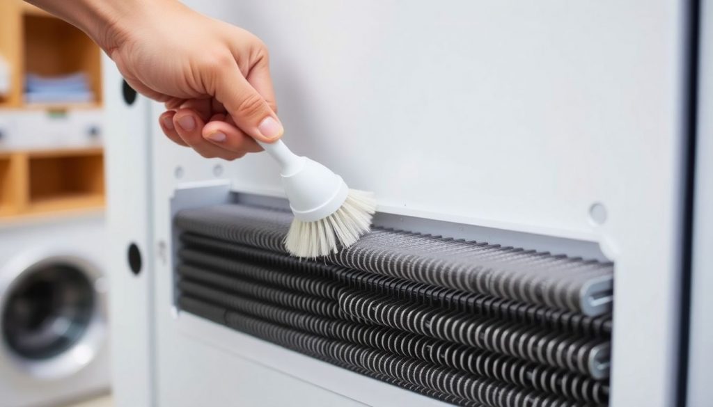 Nahaufnahme der Reinigung eines Wärmetauschers im Trockner: Hände entfernen mit einer Bürste Flusen von den Metallrippen.