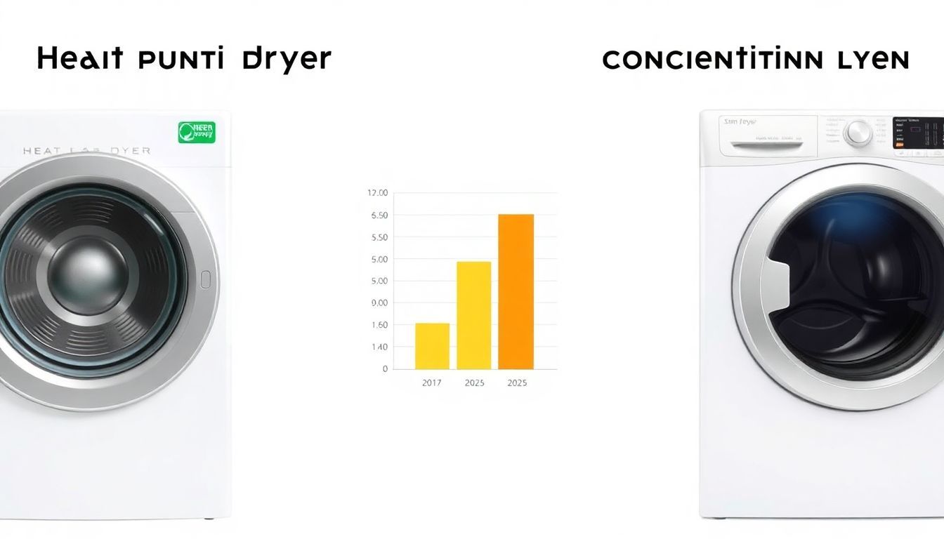 Grafische Gegenüberstellung eines Wärmepumpentrockners und eines Kondensationstrockners mit einem Diagramm zum Vergleich der prognostizierten Stromkosten für das Jahr 2025.