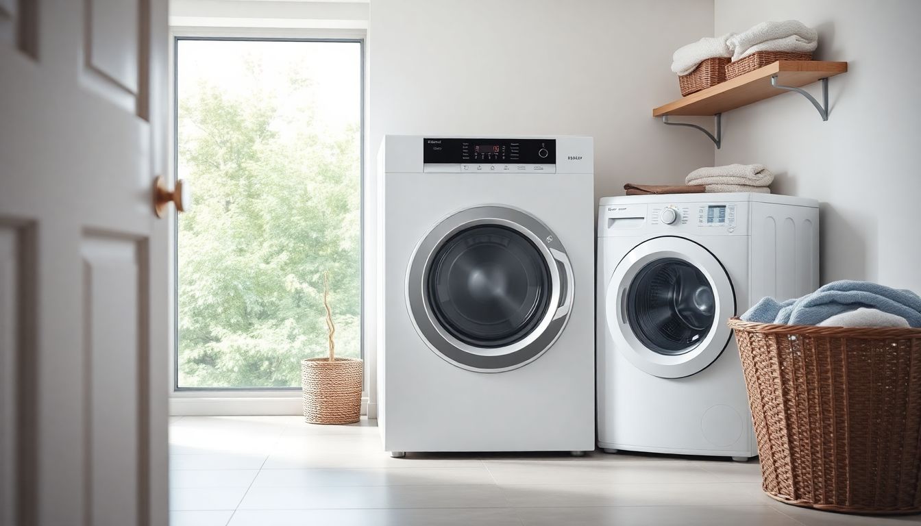 Moderner Trockner mit Wärmepumpentechnik in einem hellen Waschraum, der Energieeffizienz und moderne Technologie zeigt, geeignet für einen Vier-Personen-Haushalt