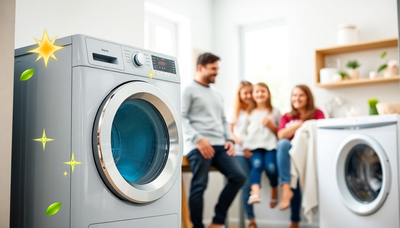 Moderner Wäschetrockner mit Wärmepumpentechnik in einem hellen Haushaltsraum, daneben eine vierköpfige Familie.