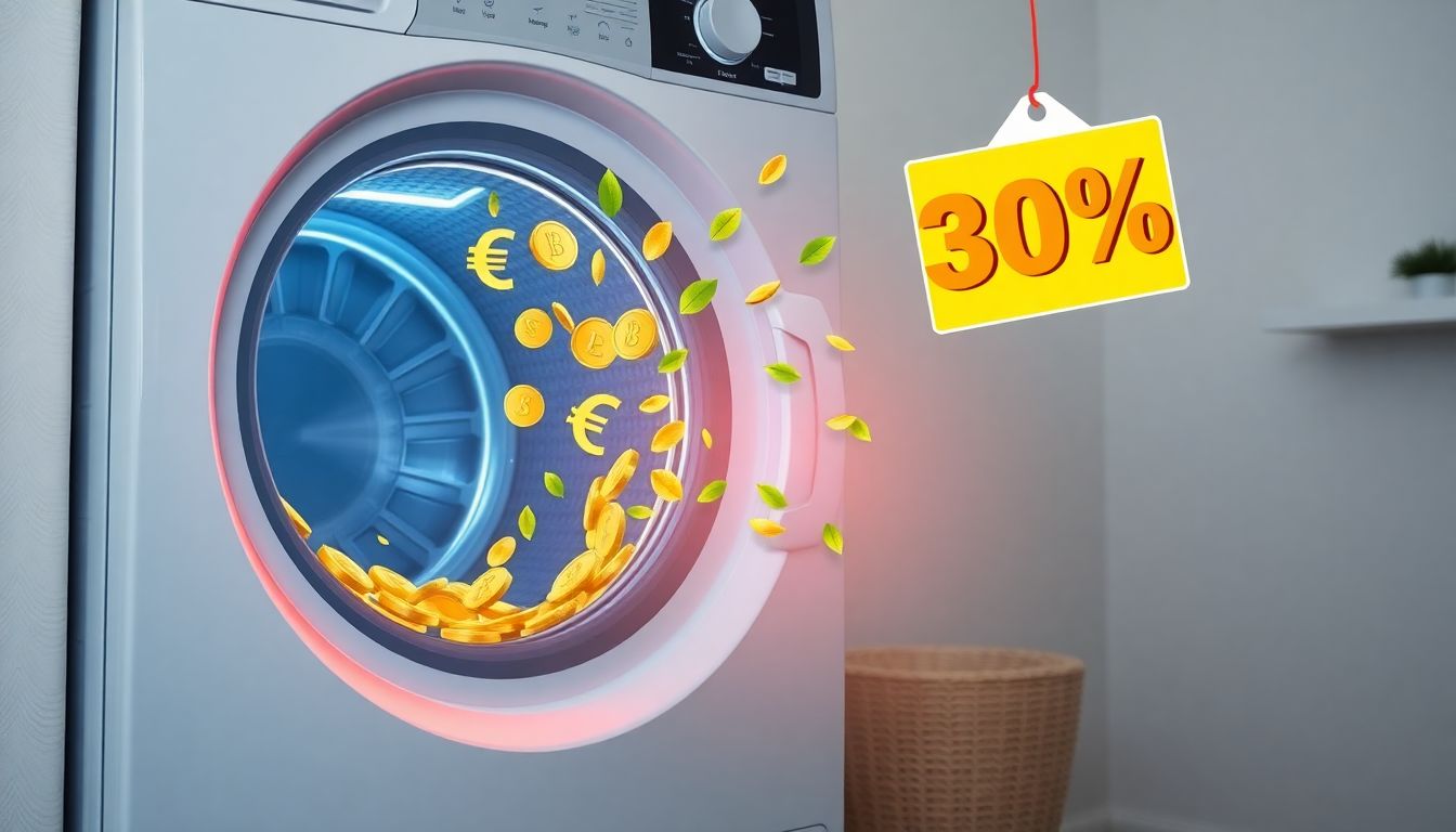 Moderner Trockner mit Energiesparsymbolen, aus dem Auslass fliegen Euro-Münzen, die sich in Blätter verwandeln, daneben schwebt ein Schild mit '30% weniger Kosten'