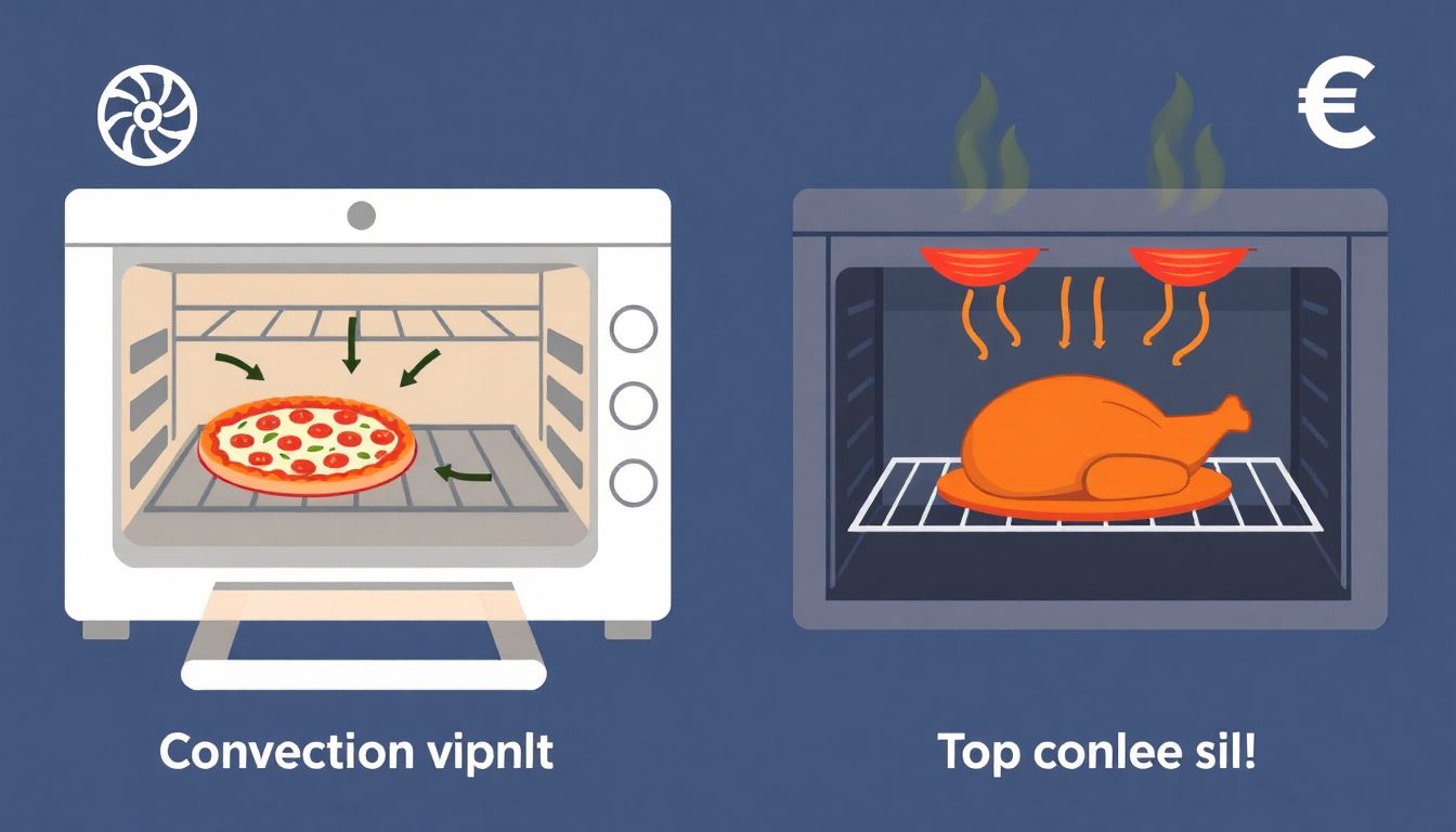 Grafischer Vergleich eines Umluft-Backofens und eines Backofens mit Ober-/Unterhitze beim Garen von Pizza und Braten, mit Hinweis auf den Stromverbrauch.