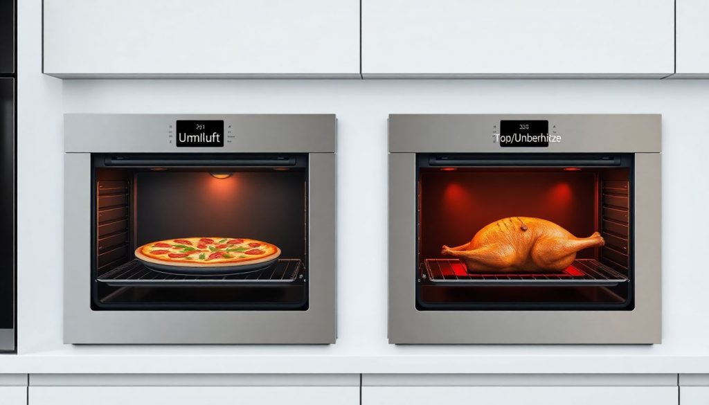 Vergleich von Umluft-Backofen und Ober-/Unterhitze beim Backen von Pizza und Braten mit unterschiedlichem Stromverbrauch