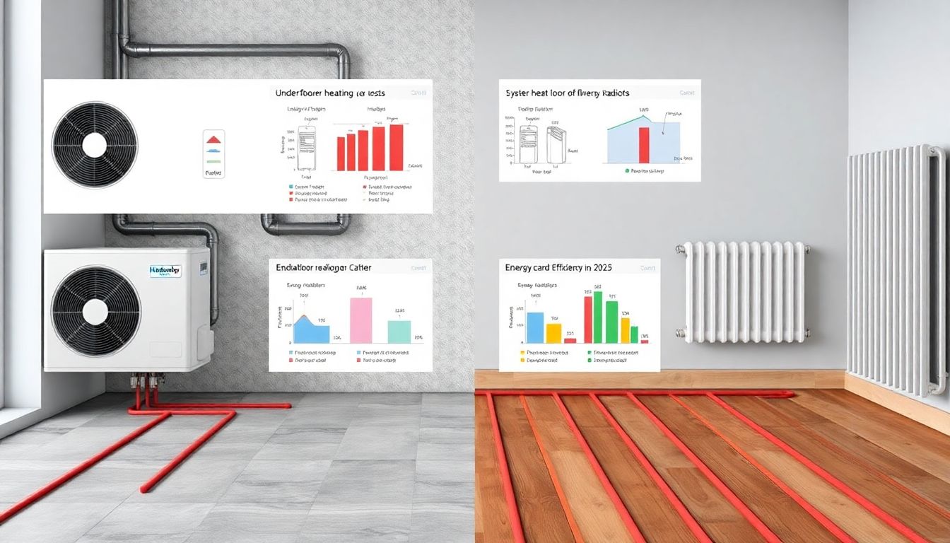 Infografik zur Wirtschaftlichkeit einer Wärmepumpe im Bestandsbau: Vergleich von Fußbodenheizung und Heizkörpern mit Kosten- und Effizienzdaten für 2025.