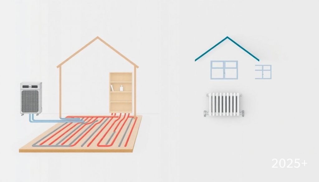 Header-Bild: Wirtschaftlichkeitsvergleich einer Wärmepumpe mit Fußbodenheizung gegenüber Heizkörpern im Bestandsbau, dargestellt als schematische Gegenüberstellung.