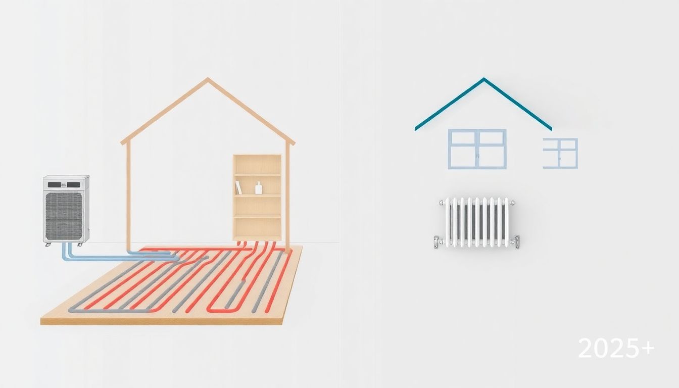 Header-Bild: Wirtschaftlichkeitsvergleich einer Wärmepumpe mit Fußbodenheizung gegenüber Heizkörpern im Bestandsbau, dargestellt als schematische Gegenüberstellung.