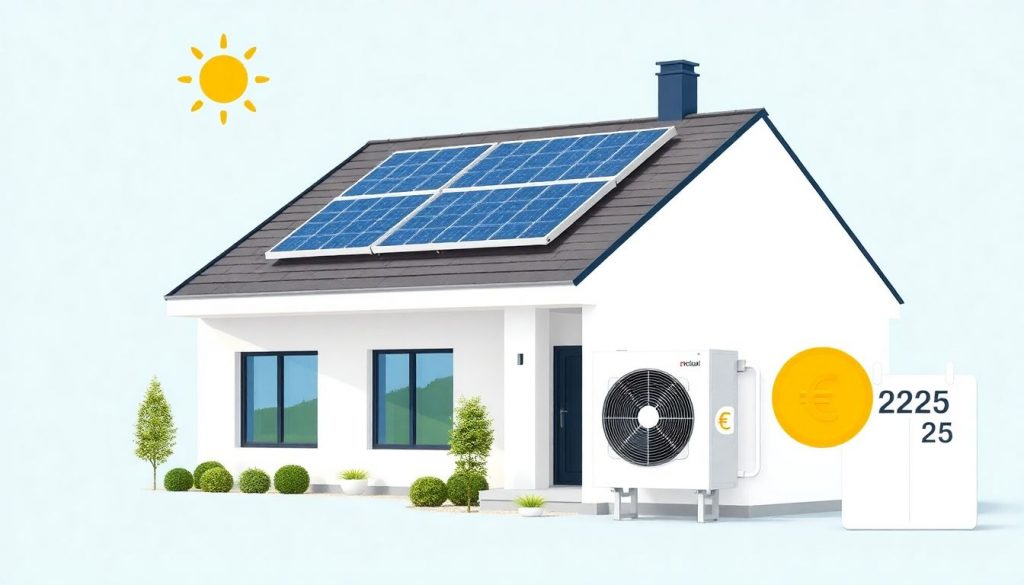 Header-Bild für Artikel: Moderne Hausfassade mit Photovoltaik-Anlage auf dem Dach und einer Wärmepumpe an der Hauswand. Grafische Elemente zeigen eine Amortisationsrechnung für das Jahr 2025.